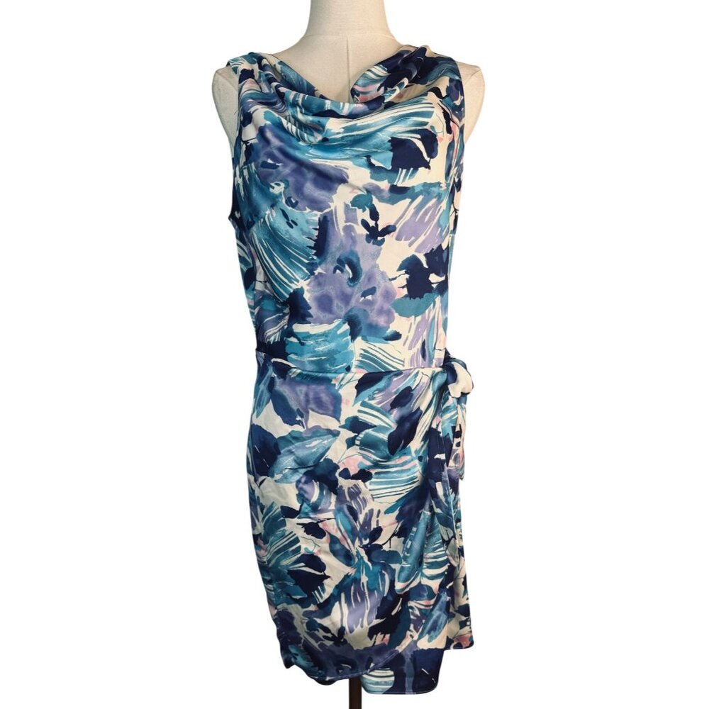 A.B.S. Size 8 Blue/White Floral Sleeveless Cowl Neck Dress Wrap Style Waist Tie